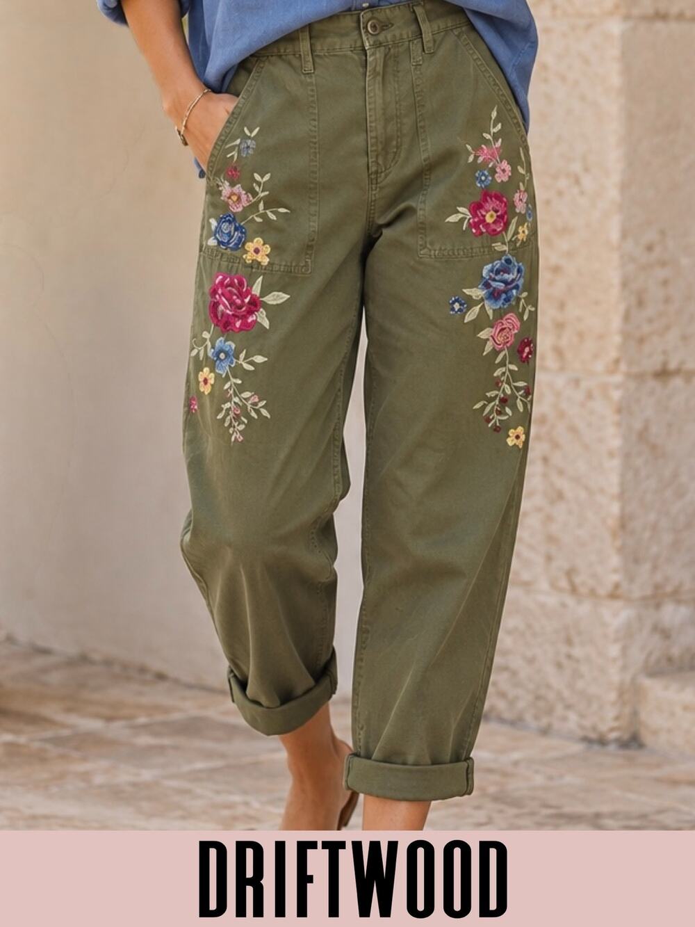 Driftwood pants embroidered floral relaxed boyfriend trousers green boho 4
